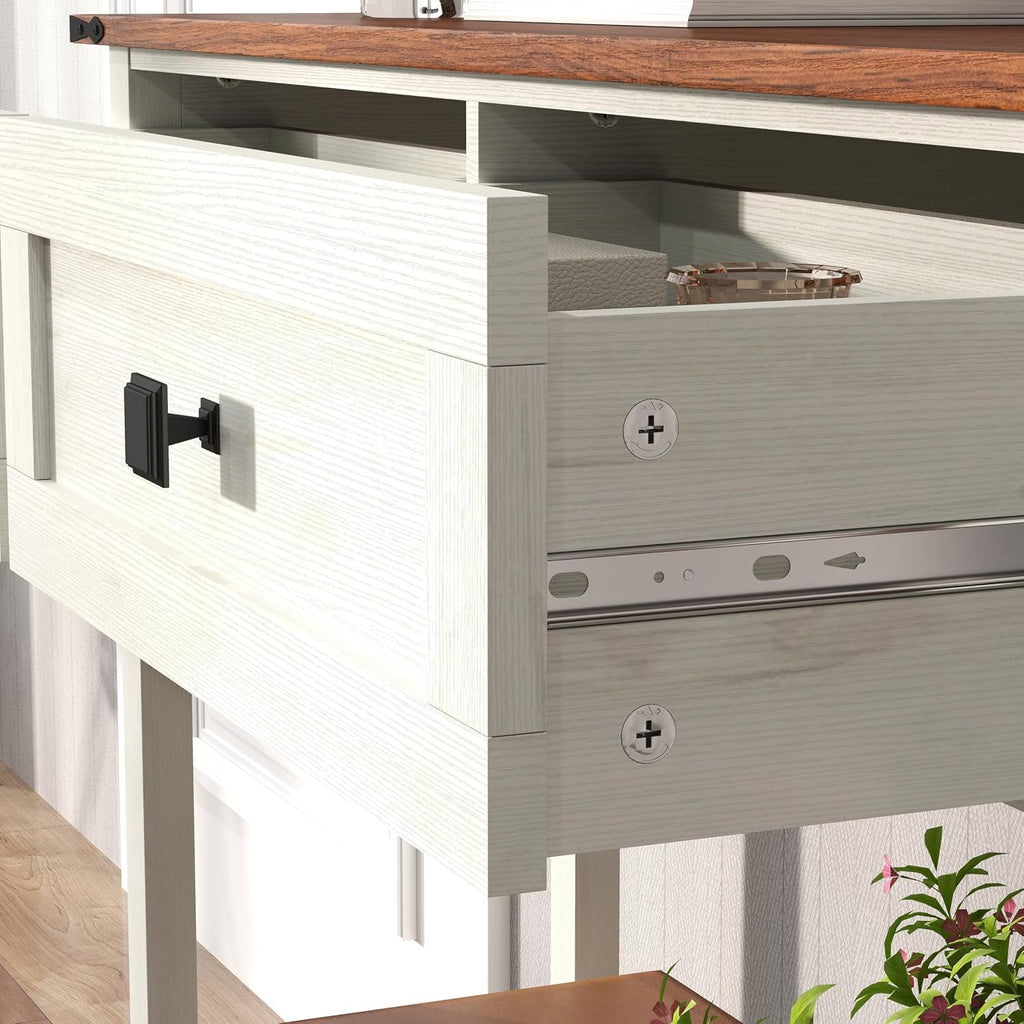 Knocbel Small Console Table with 2 Drawers with Metal Handles, Farmhouse Side Tables with Brown Woodgrain Top and Bottom Shelf for Entryway Living Room, 39.37" W x 11.61" D x 32.08" H, Antique White