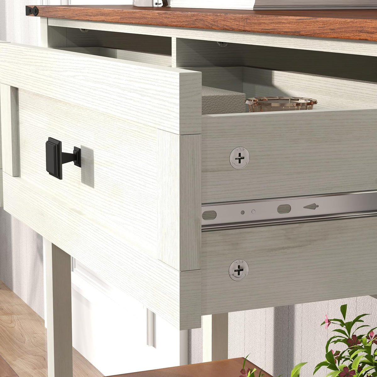 Knocbel Small Console Table with 2 Drawers with Metal Handles, Farmhouse Side Tables with Brown Woodgrain Top and Bottom Shelf for Entryway Living Room, 39.37" W x 11.61" D x 32.08" H, Antique White