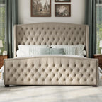 AMERLIFE King Size Bed Frame with Velvet Upholstered Wingback Headboard