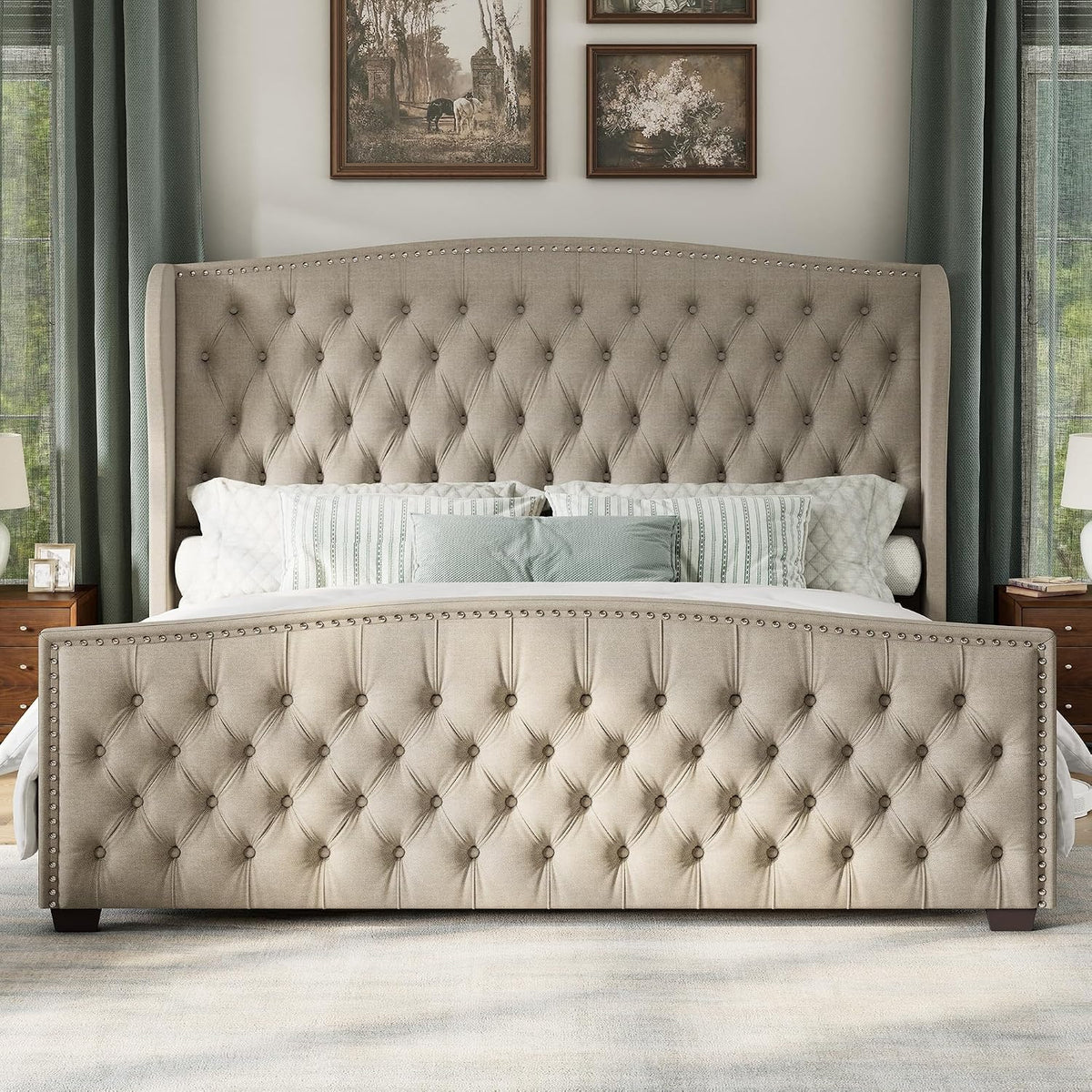 AMERLIFE King Size Bed Frame with Velvet Upholstered Wingback Headboard