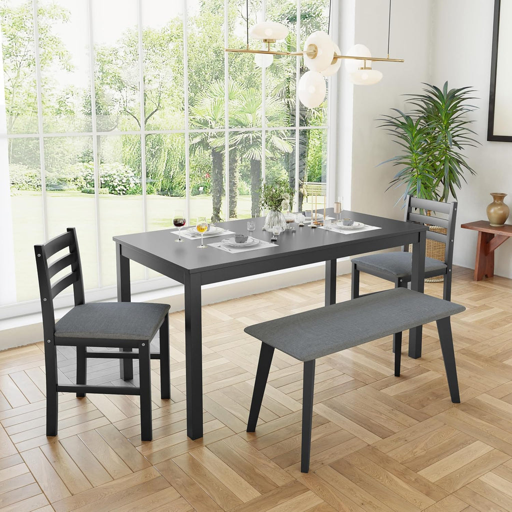 Dining Table Set for 4, Solid Wood Kitchen Table Chairs Set of 4, 43.3” Space-Saving Mid Century Modern Dining Room Table with Chairs and Bench for Kitchen, Living Room,Breakfast Nook, Black