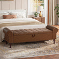 YOUDENOVA 60" Entryway Bench with Storage, PU Leather End of Bed Bench with Tufted Button, Upholstered Ottoman Bench with Rolled Arms for Living Room, Storage Room, Bedroom, Brown