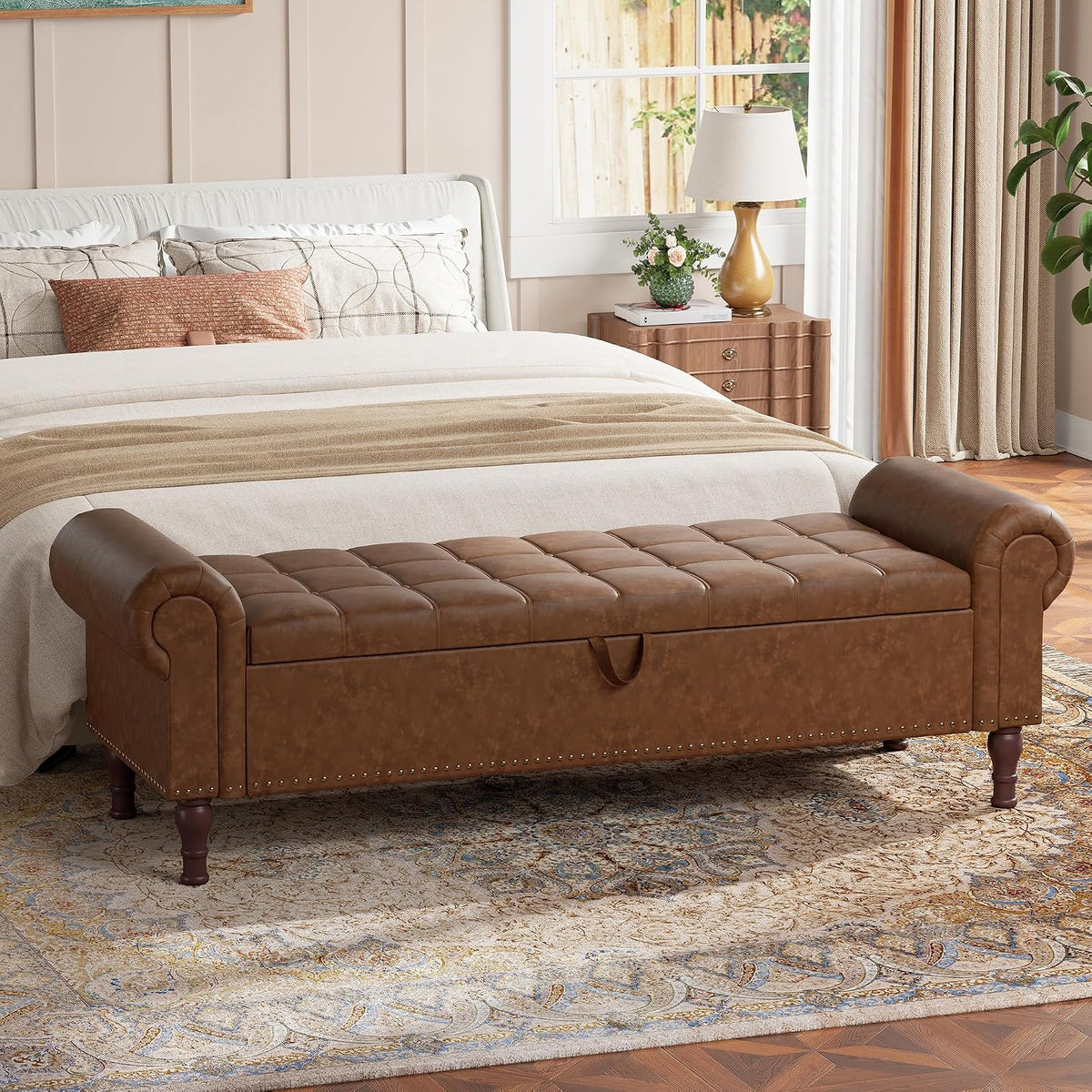 YOUDENOVA 60" Entryway Bench with Storage, PU Leather End of Bed Bench with Tufted Button, Upholstered Ottoman Bench with Rolled Arms for Living Room, Storage Room, Bedroom, Brown