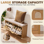 Rattan Narrow Entryway Bench with Shoe Storage, 2 Flip Drawers & Coat Rack, Mid-Century Modern Wood Shoe Cabinet with Seat Cushion for Foyer/Hallway (Rustic Oak Rattan)