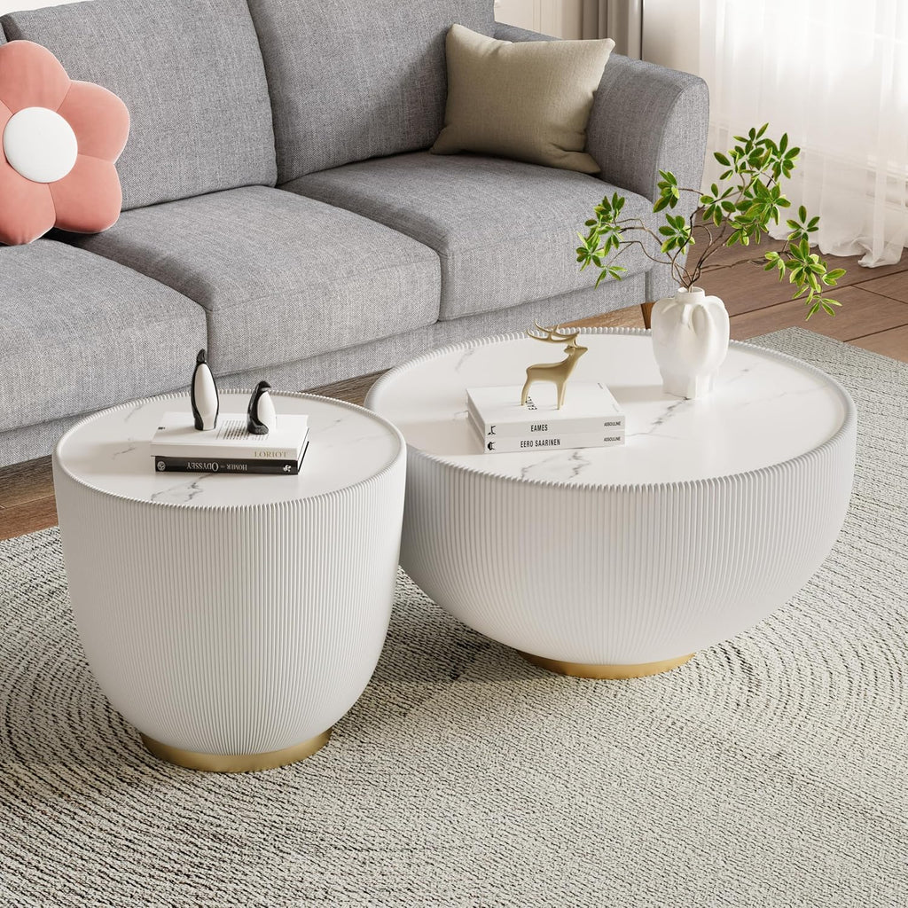 SSLine Bowl-Shape Small Coffee Table Modern Sintered Stone Top Coffee Table in Cream White Leatherette Unique Bowl Side End Table for Living Room Bedroom