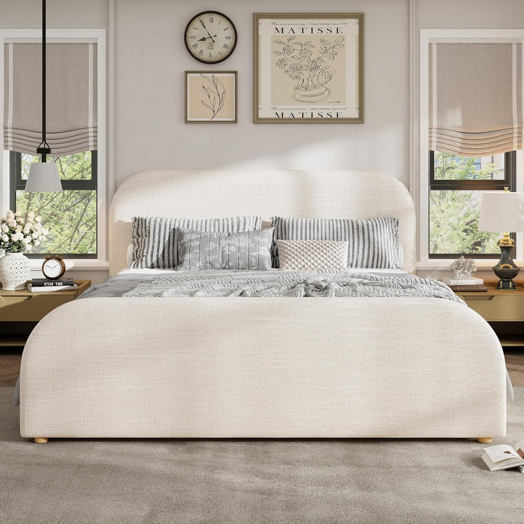 Merax King Size Bed Frame, Upholstered Linen Platform Bed with 44 Inch Tall Headboard & Footboard, Solid Wood Base, Soft Curved Edges Design King Bedframe, No Box Spring Needed, Easy Assembly, Beige