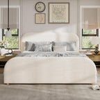 Merax King Size Bed Frame, Upholstered Linen Platform Bed with 44 Inch Tall Headboard & Footboard, Solid Wood Base, Soft Curved Edges Design King Bedframe, No Box Spring Needed, Easy Assembly, Beige