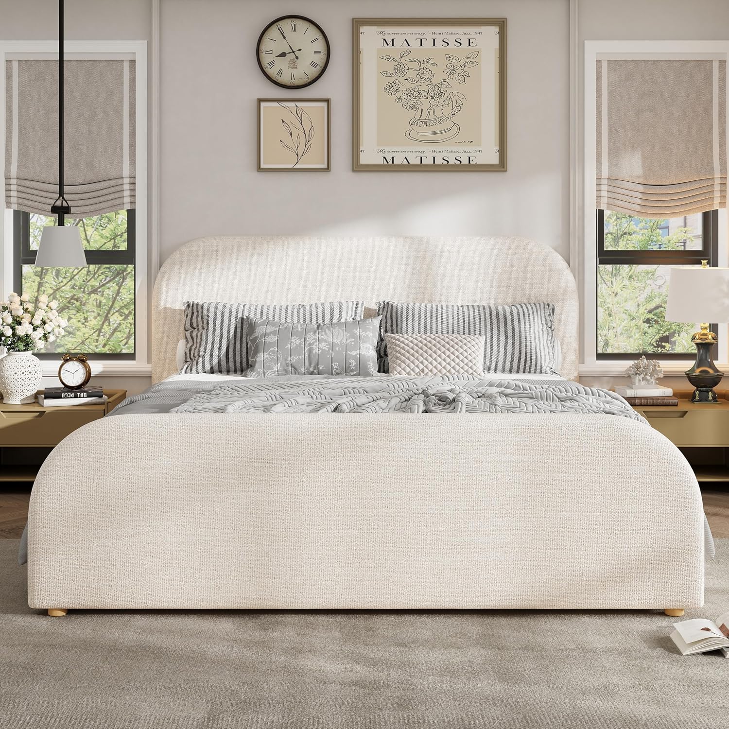Merax King Size Bed Frame, Upholstered Linen Platform Bed with 44 Inch Tall Headboard & Footboard, Solid Wood Base, Soft Curved Edges Design King Bedframe, No Box Spring Needed, Easy Assembly, Beige