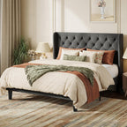 SHA CERLIN Queen Upholstered Bed Frame, Button Tufted Design, Dark Grey