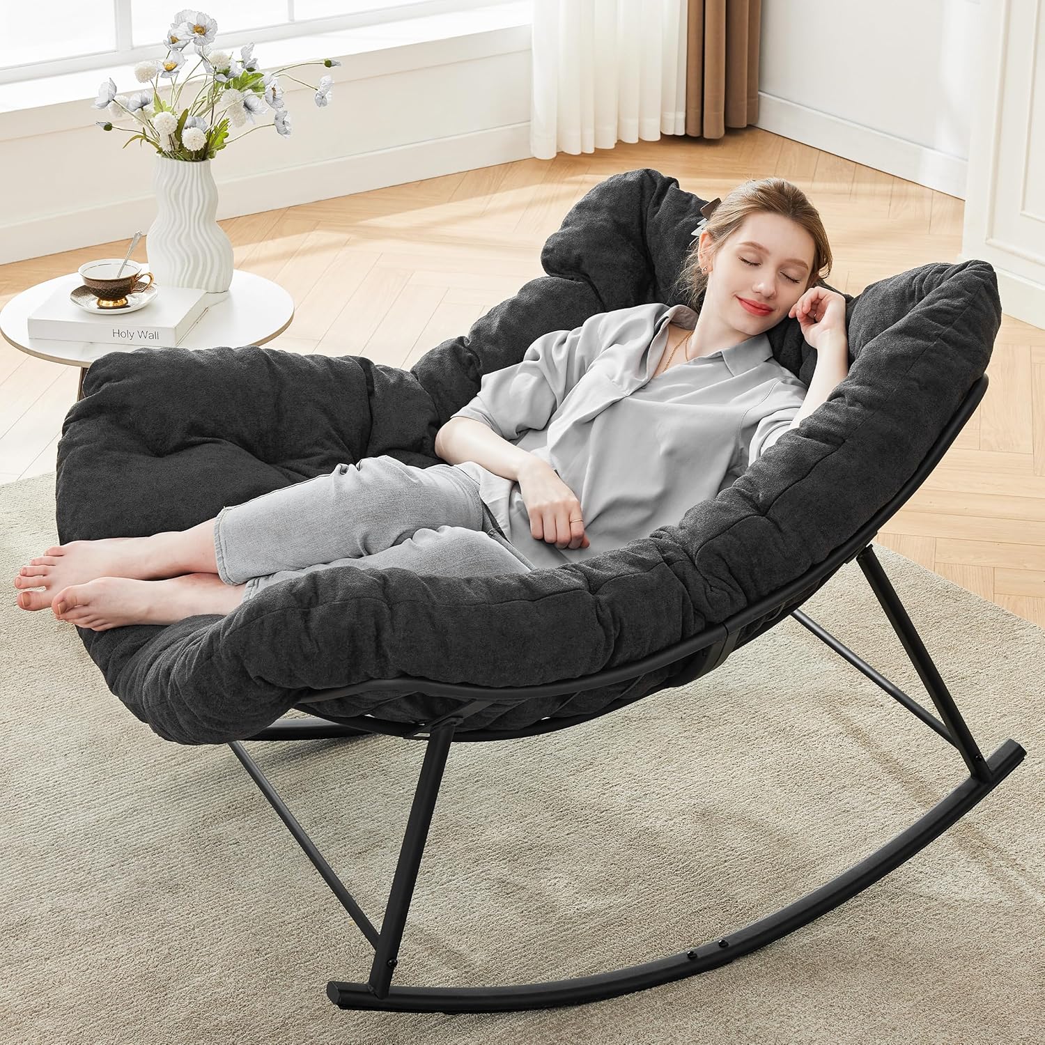 Oversized Rocking Chair Indoor, Papasan Rocking Chair Outdoor, Lounge Chair with Cushion, Patio Egg Rocker Chairs, Comfy Reading Chairs for Bedroom, Living Room, Garden, Lawn, Dark Grey