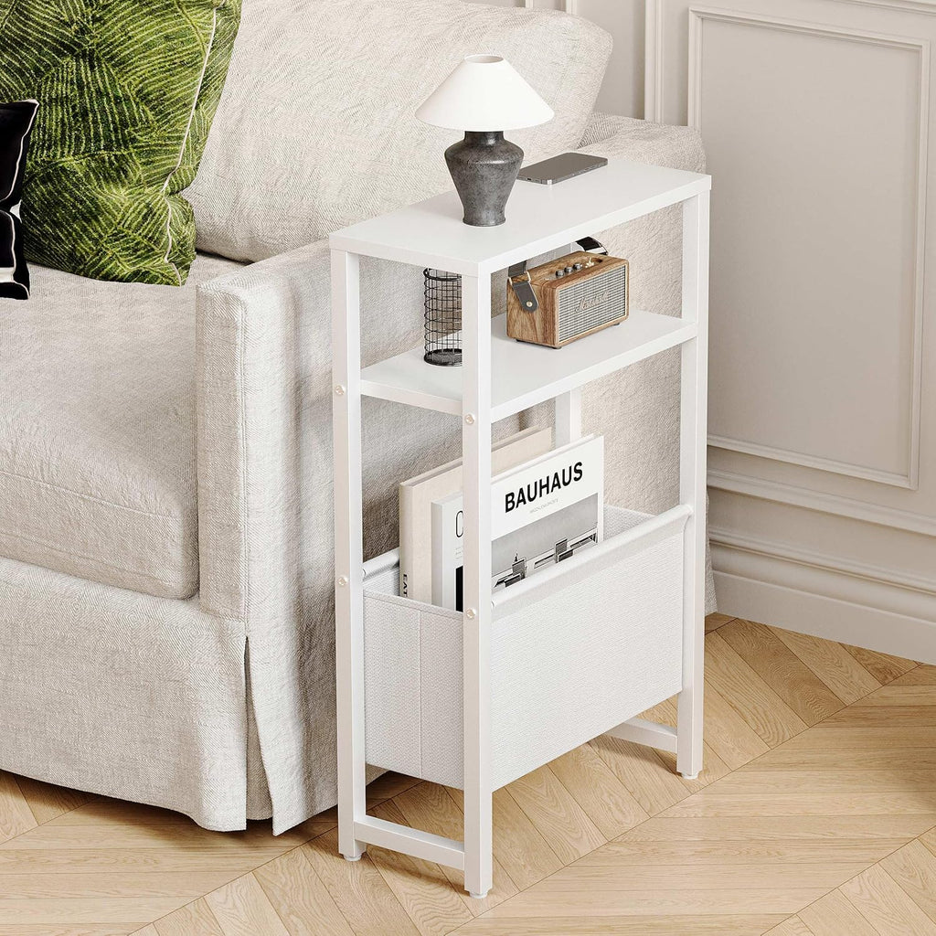Narrow Side Table, Slim End Table with Magazine Rack, Skinny Bedside Table for Small Spaces, 3 Tier Sofa Couch Table Nightstand for Living Room, Bedroom, White LET503W
