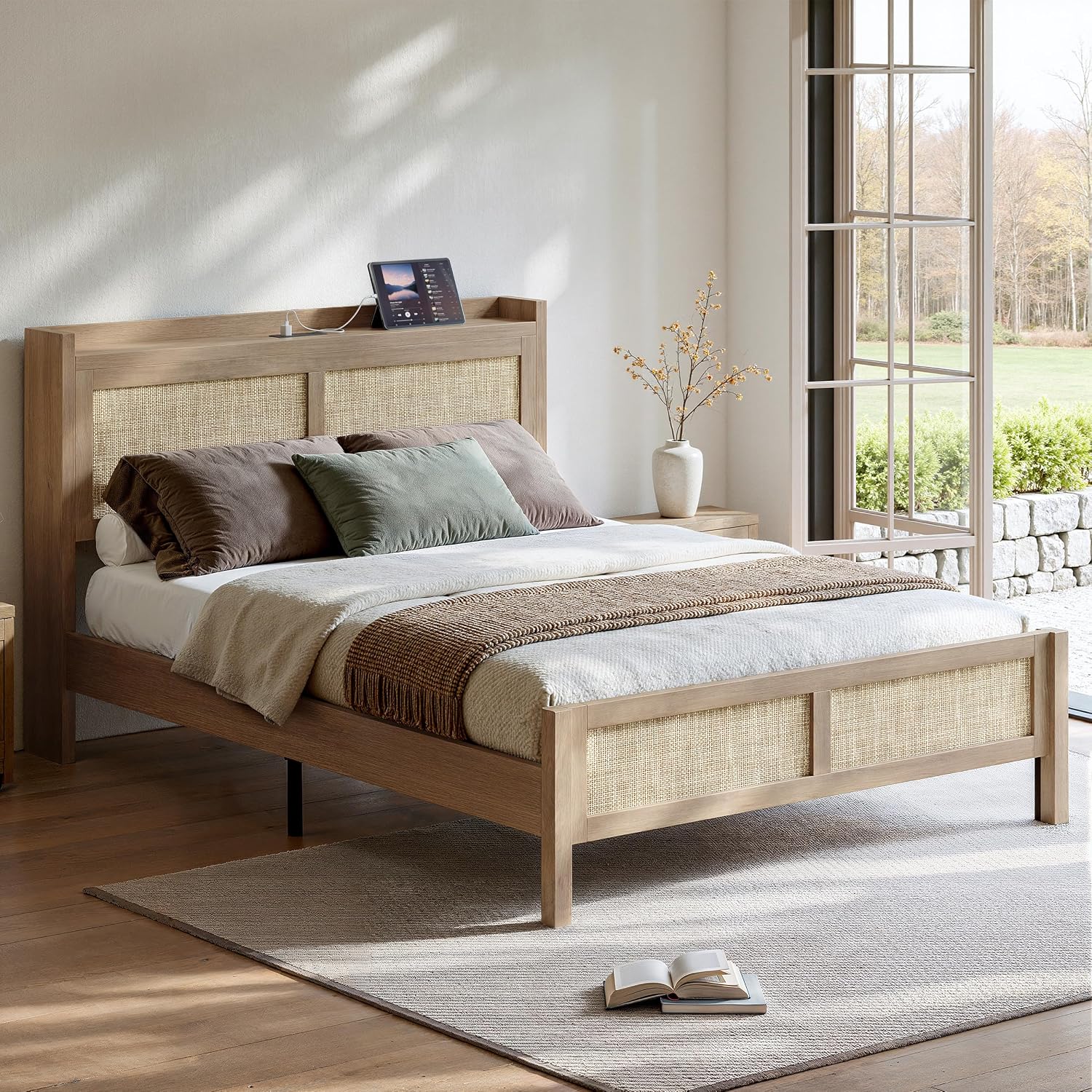 Evermagin Rattan Bed Frame Queen Size with Woven Headboard, Natural Oak