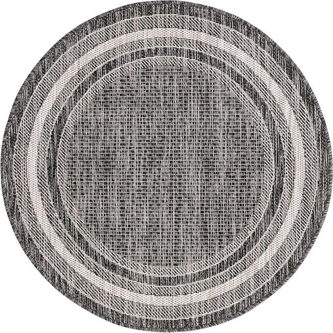 Unique Loom Outdoor Border Collection Area Rug - Soft Border (3' 1" Round, Black/ Ivory)