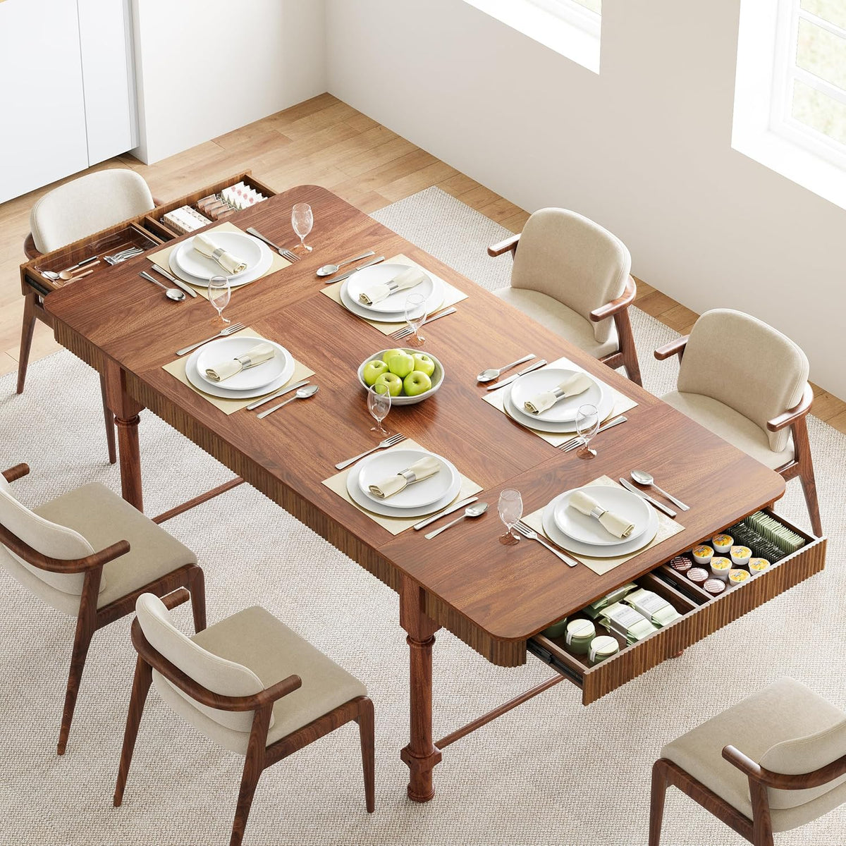 Fluted Dining Table for 6 to 10 People, 79'' Long Rustic Dinner Table with Drawers, Farmhouse Rectangular Wooden Tables for Kitchen, Dining Room, Living Room (Walnut)