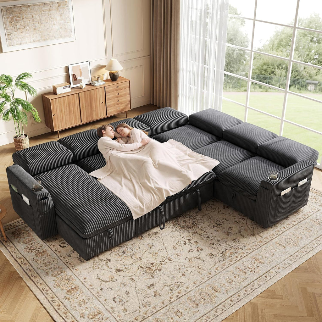 Sectional Sleeper Sofa with Pull Out Bed, Plush Corduroy 7 Seat Modular Sectional Sofa with Storage Chaise and Adjustable Backrest, Cloud Couches for Living Room, Apartment, Dark Grey