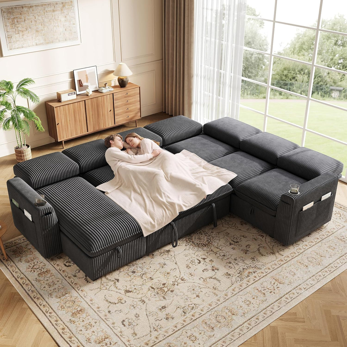 Sectional Sleeper Sofa with Pull Out Bed, Plush Corduroy 7 Seat Modular Sectional Sofa with Storage Chaise and Adjustable Backrest, Cloud Couches for Living Room, Apartment, Dark Grey