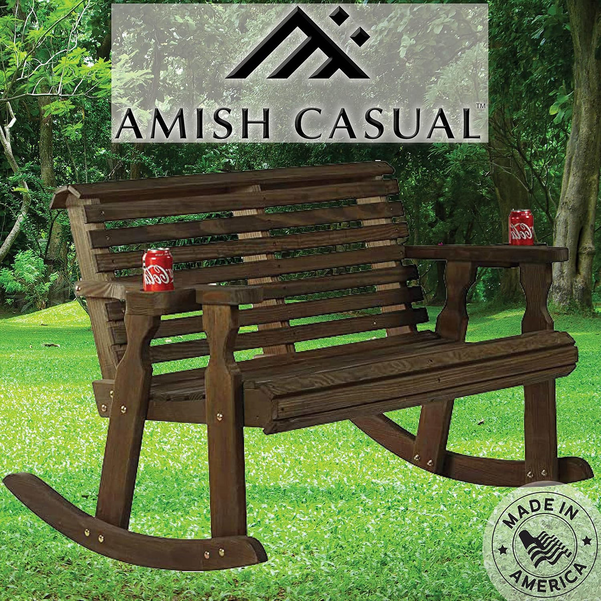 Amish Casual Heavy Duty 800 Lb Roll Back Pressure Treated Double Rocker with Cupholders (Dark Walnut Stain)