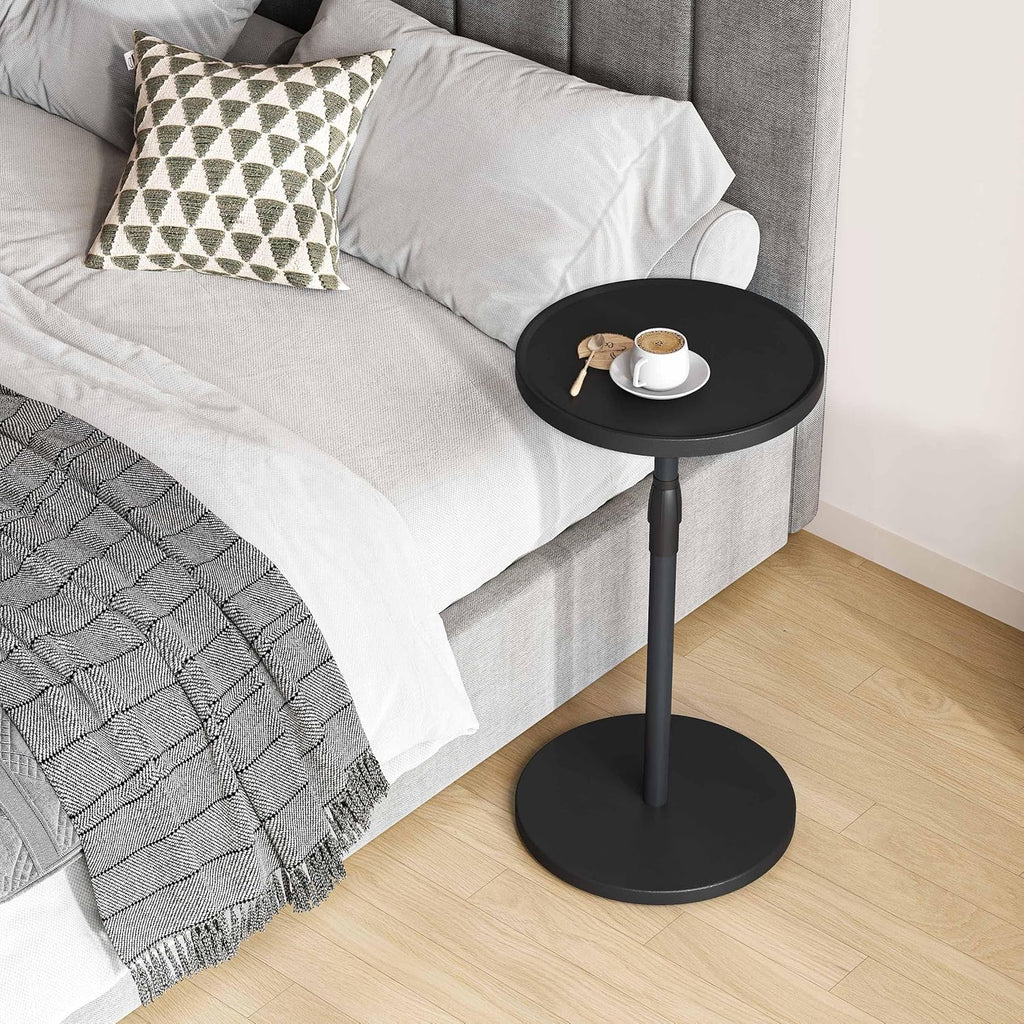 Adjustable Round Side Table, Small End Table, Pedestal Drink Table for Small Spaces, Tall Round Nightstand for Living Room Bedroom Sofa Couch, Black Wood Grain ET-010BW