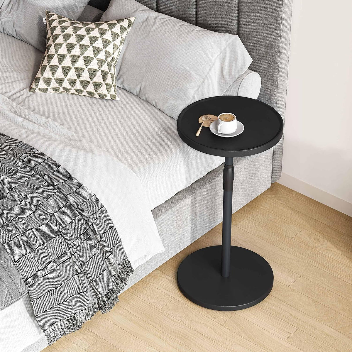 Adjustable Round Side Table, Small End Table, Pedestal Drink Table for Small Spaces, Tall Round Nightstand for Living Room Bedroom Sofa Couch, Black Wood Grain ET-010BW