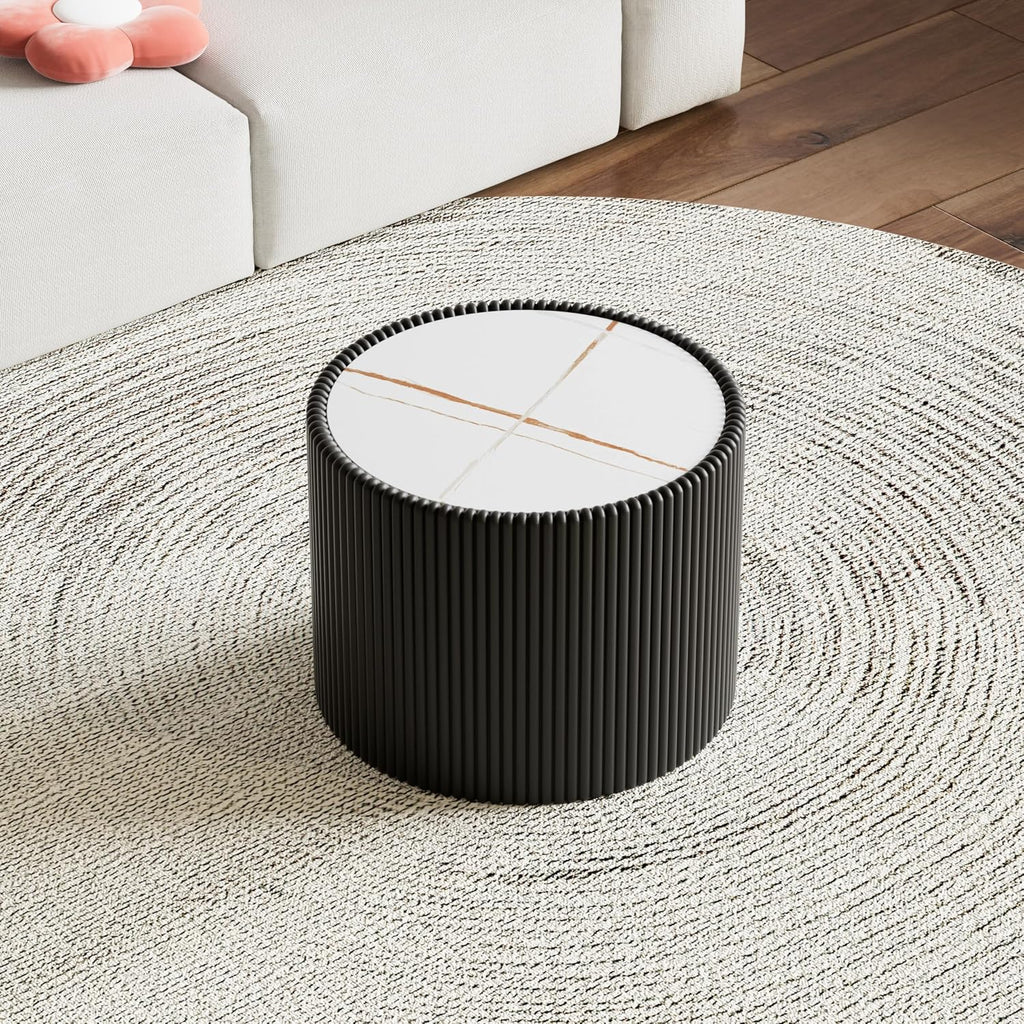 17.7-Inch Round End Table for Living Room Office, White Faux Marble Tabletop, Black Fluted PU Leather Covered, Modern Round Sofa Side Table Small Coffee Table, 17.71''Dia x 17.71''H