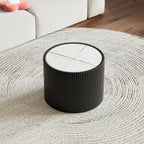 17.7-Inch Round End Table for Living Room Office, White Faux Marble Tabletop, Black Fluted PU Leather Covered, Modern Round Sofa Side Table Small Coffee Table, 17.71''Dia x 17.71''H