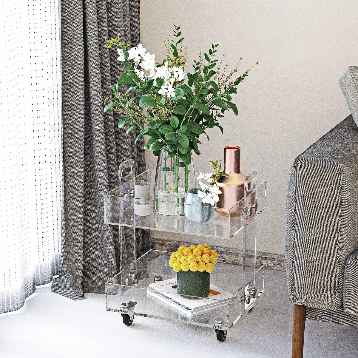 ONELUX (Flat Packed) Original Acrylic Side Table,Clear Table with Wheels,Acrylic Bedside Tables/Night Stand - 41×34×48H CM