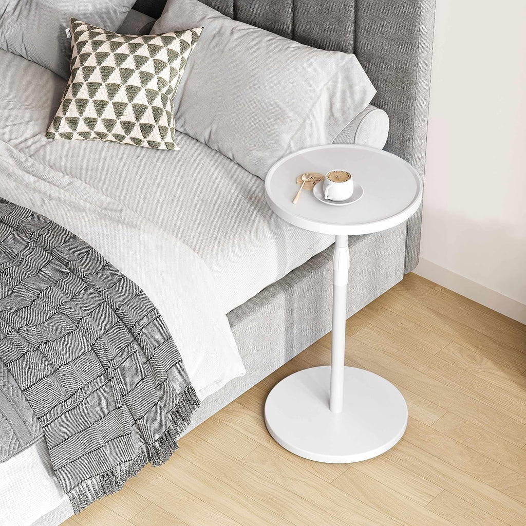 Adjustable Round Side Table, Small End Table, Pedestal Drink Table for Small Spaces, Tall Round Nightstand for Living Room Bedroom Sofa Couch, White ET-010WW