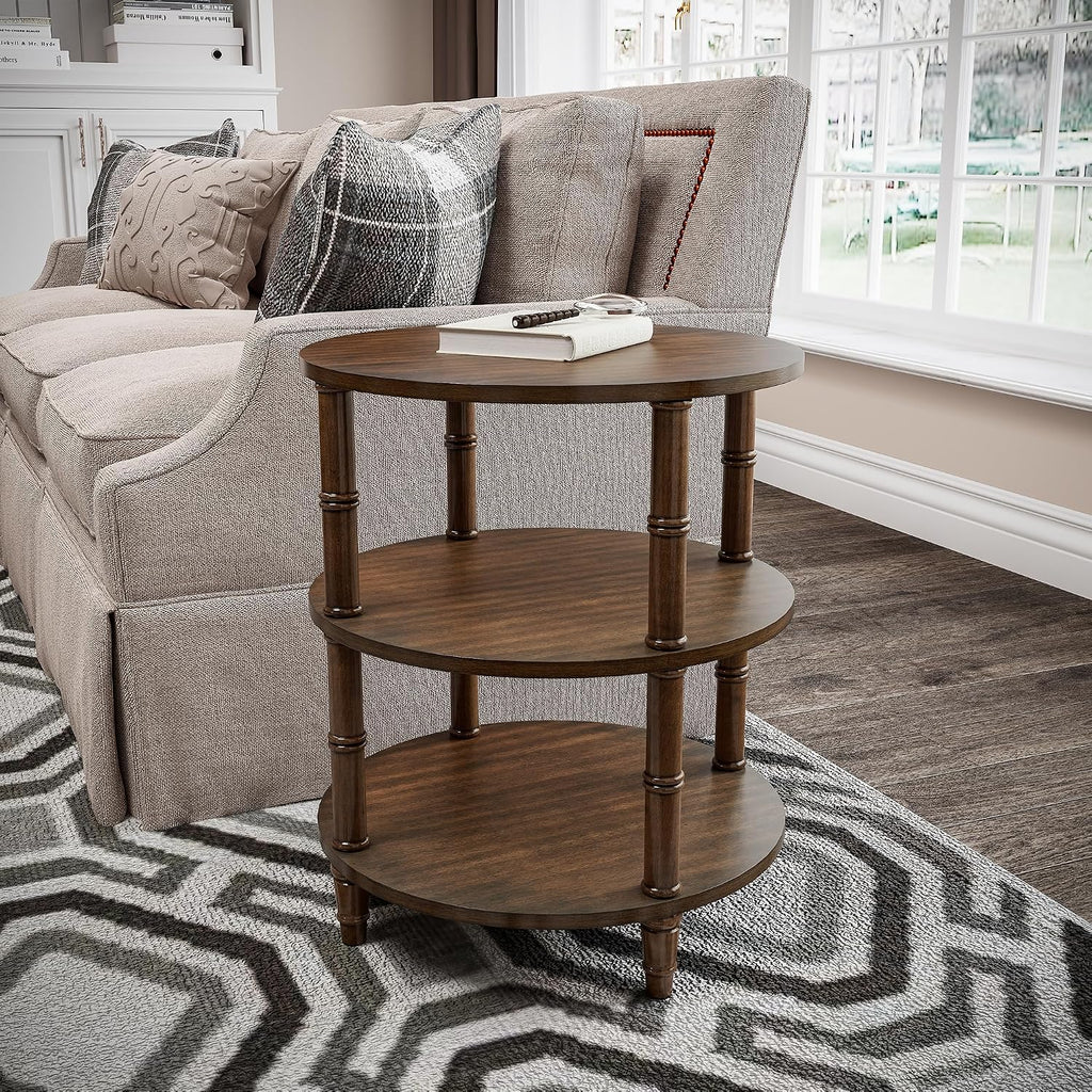 Round End Table with Storage Shelf, 19.7" High Sofa Side Table- with Bamboo Design, 3-Tier Beside Tables, Modern Telephone Tables- for Living Room, Corner, No-Tools Assembly, Walnut YBZ-D4166-LWA