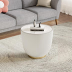 Modern Round End Table, Elegant Bowl Shaped Accent Sofa Side Table with Sintered Stone Tabletop & Pleated Leatherette Details, Small Round End Tables for Living Room Bedroom Apartment Office, White