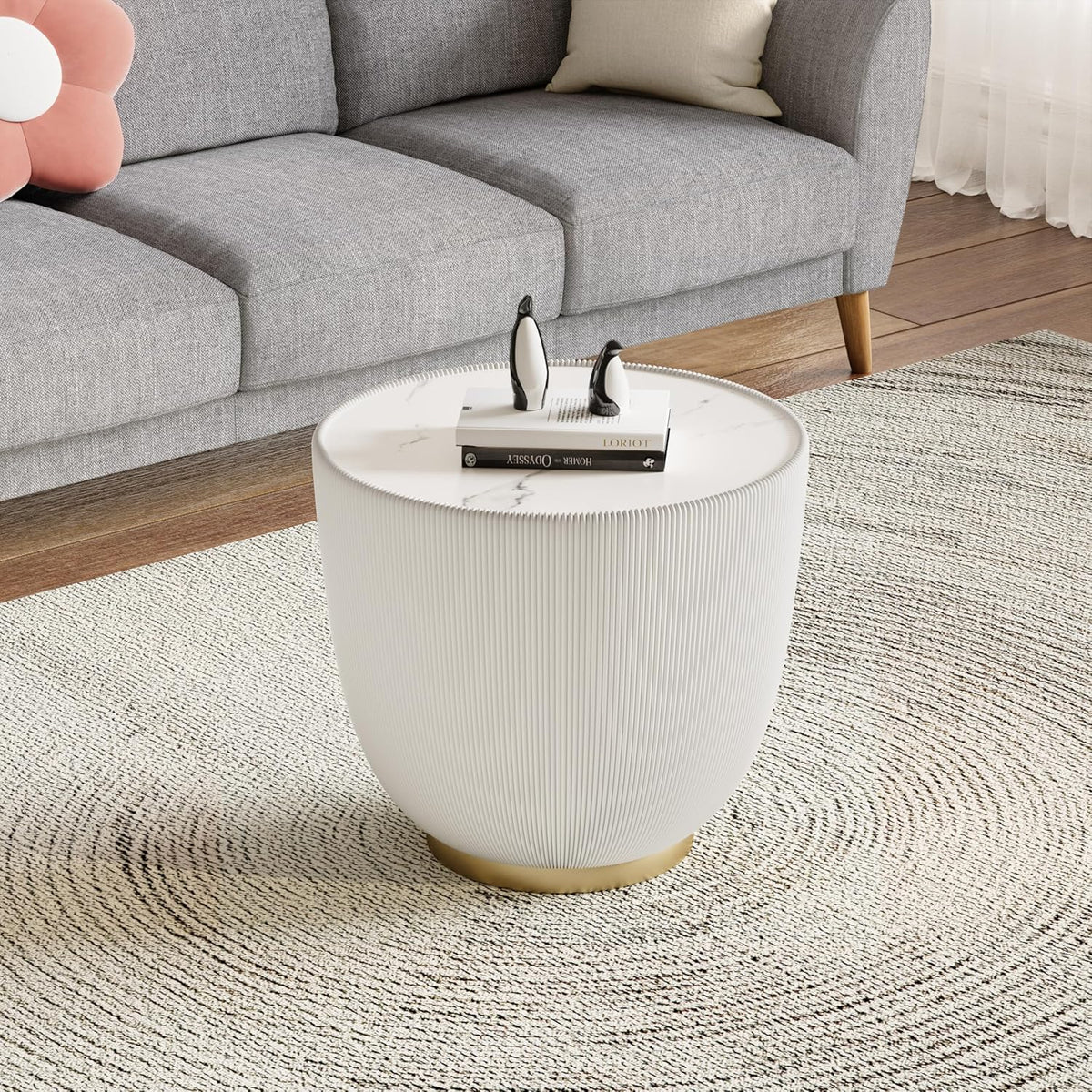 Modern Round End Table, Elegant Bowl Shaped Accent Sofa Side Table with Sintered Stone Tabletop & Pleated Leatherette Details, Small Round End Tables for Living Room Bedroom Apartment Office, White