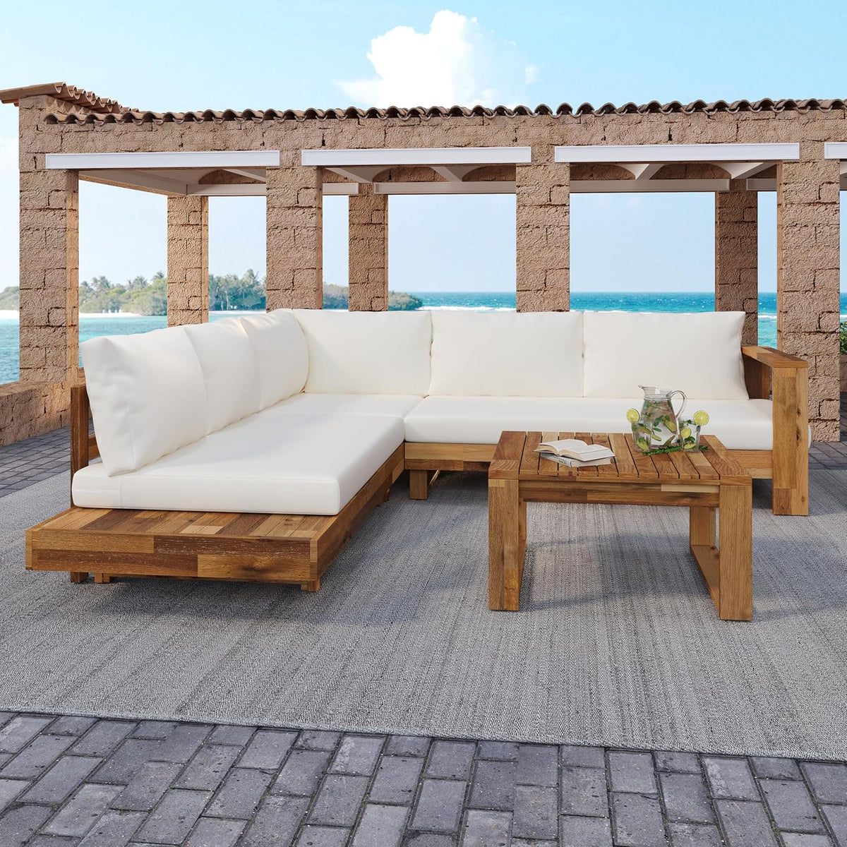 4pc Acacia Wood Outdoor Sectional Sofa Set with Cushions | Slatted Design - Modern Patio, Deck & Garden Seating for Ultimate Comfort