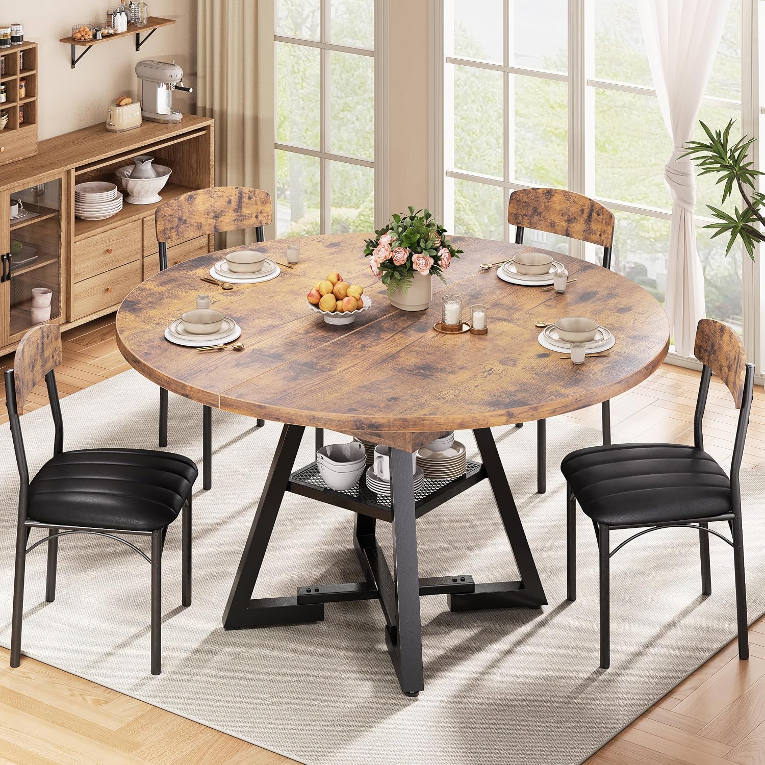 43‘’-57‘’ Extendable Round Dining Table for 4-6, Modern Industrial Kitchen Oval Dining Table with Removable Leaves, Space Saving Pedestal Base with Storage Shelf for Kitchen Living Room (Rustic)