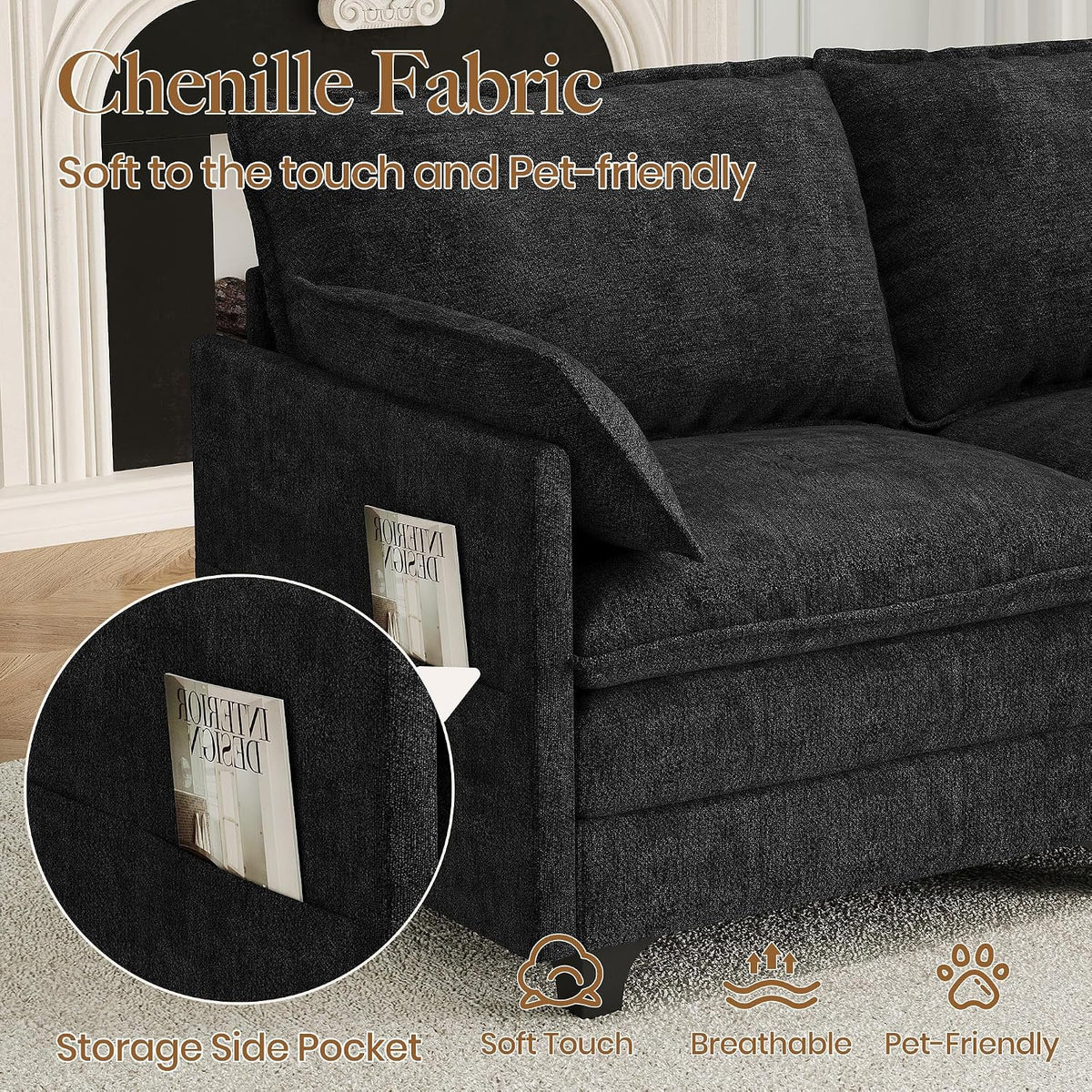 140" U-Shaped Modern Modular Sectional Sofa, Chenille Cloud Couch with Storage Ottoman, Deep Seat Couches with Side Pocket for Living Room, Bedroom and Apartment, Dark Grey