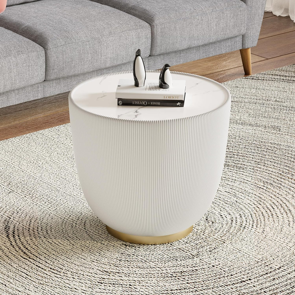 SSLine Bowl-Shape Small Coffee Table Modern Sintered Stone Top Coffee Table in Cream White Leatherette Unique Bowl Side End Table for Living Room Bedroom