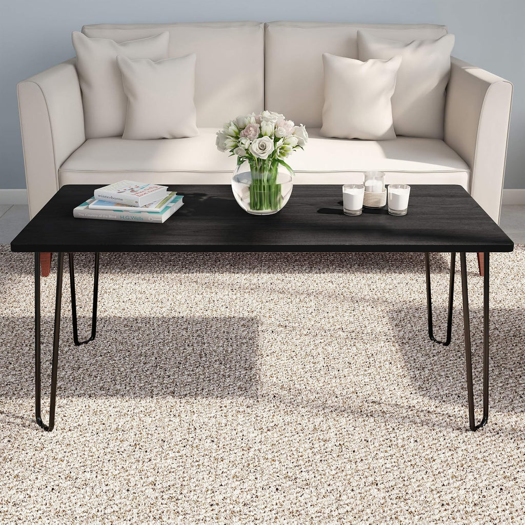Lavish Home Small Space Coffee Table with Hairpin Legs – Minimalist Industrial Living Room Table with Woodgrain-Look Top and Steel Legs (Black)