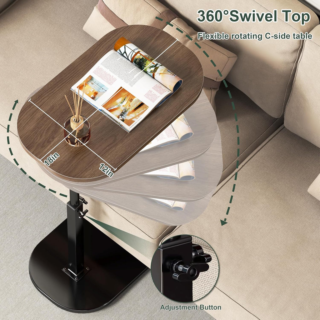 C Shaped Side Table, Adjustable Height C Shaped End Table, 360°Swivel Couch Side Tables that Slide Under, Modern Small Coffee C Table End Table for Sofa/Bed/Bathtub, Rotating Tabletop (Light Wood)
