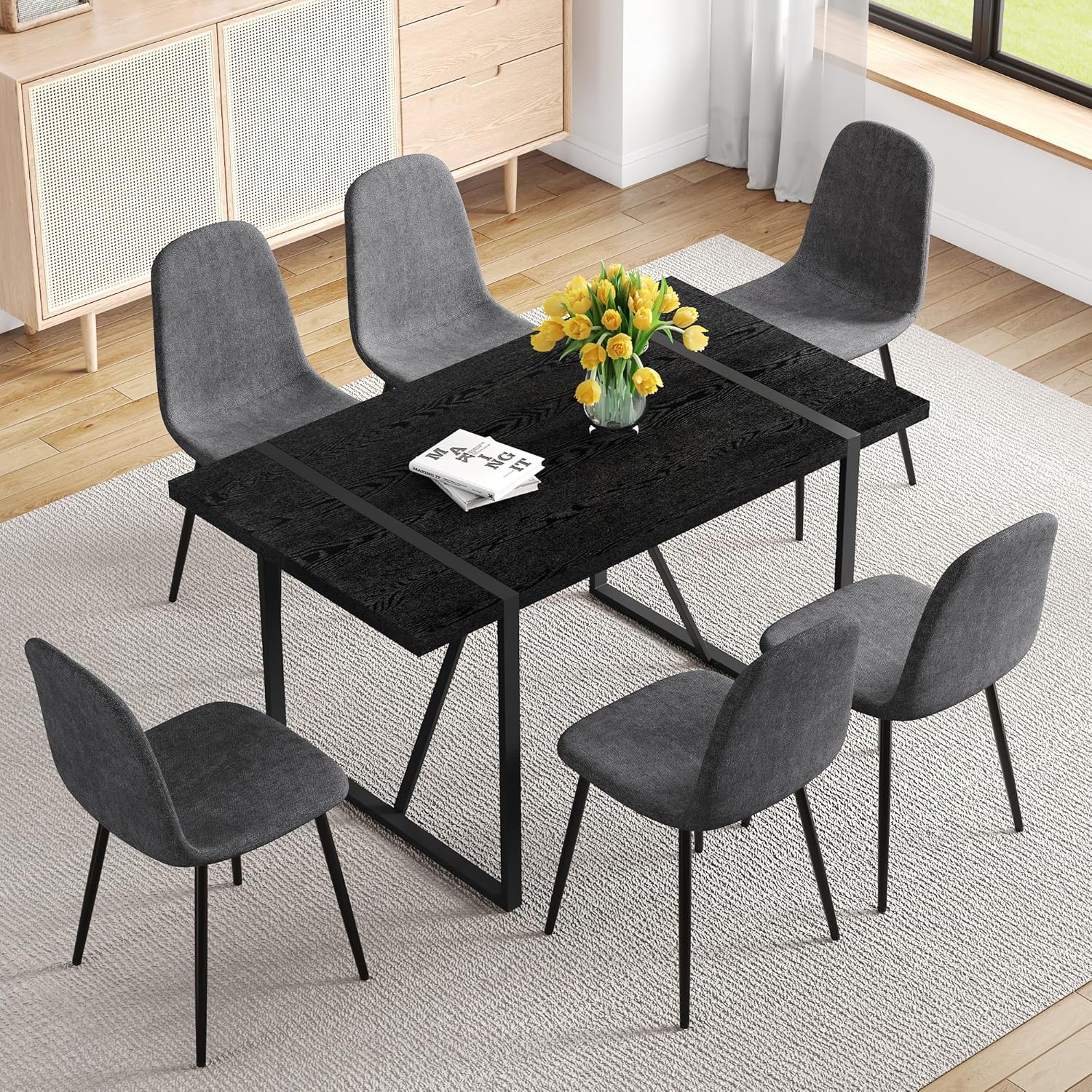 55" Black Dining Table Set for 6, 7 piece Modern Dining Table Set with Farbic Chairs, Farmhouse Kitchen Table Chairs Set of 6 Suit for Living Dining Room Furniture, Sturdy and Easy-to-Clean