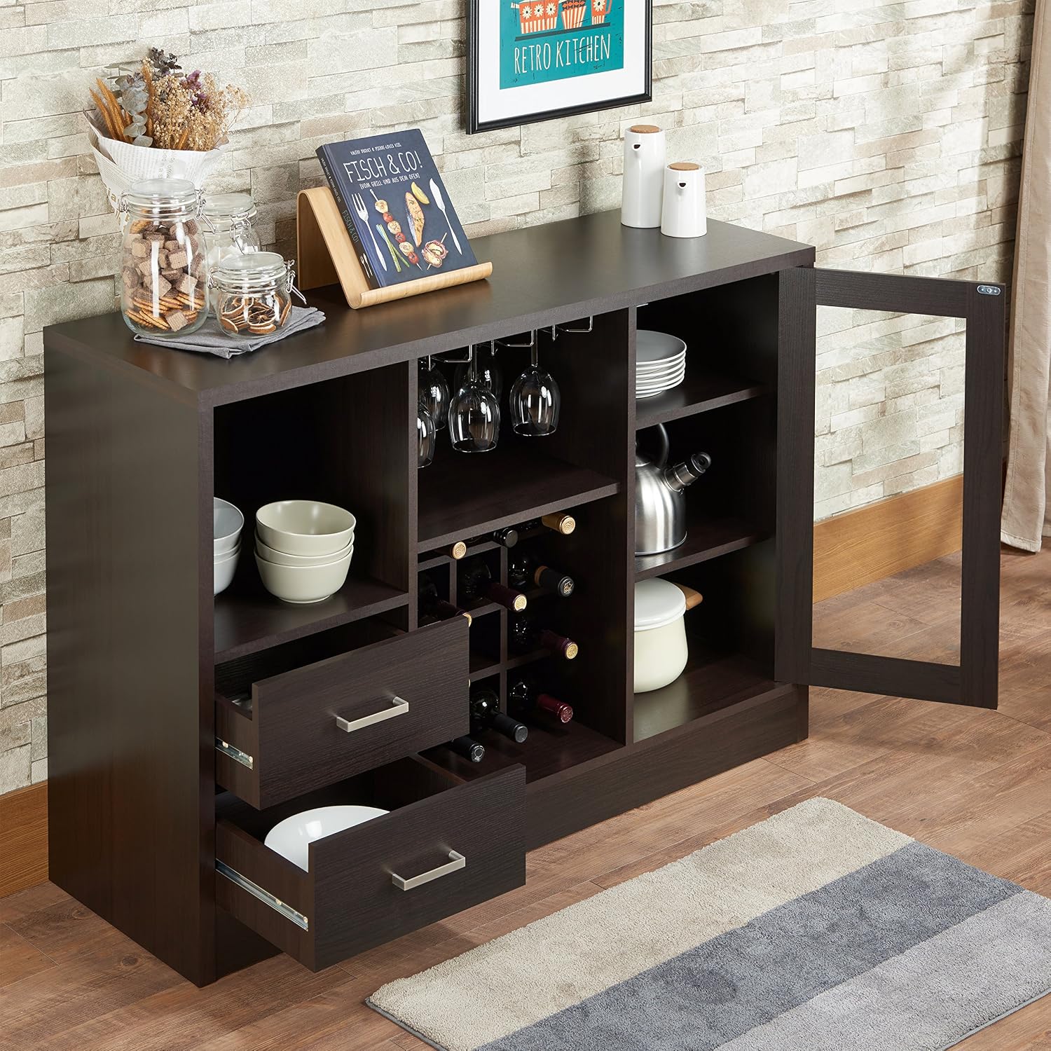 Knocbel Wooden Storage Wine Cabinet with Glass Door and 2 Interior Shelves, Console Table Buffet Sideboard Server with Drawers and Open Compartments for Kitchen 16" D x 47" W x 33" H Espresso