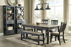 Signature Design by Ashley Tyler Creek Farmhouse Upholstered Dining Room Bench with Tapered Legs, Heavy Woven Fabric, Wood, 19.5" High Seat, Black & Gray