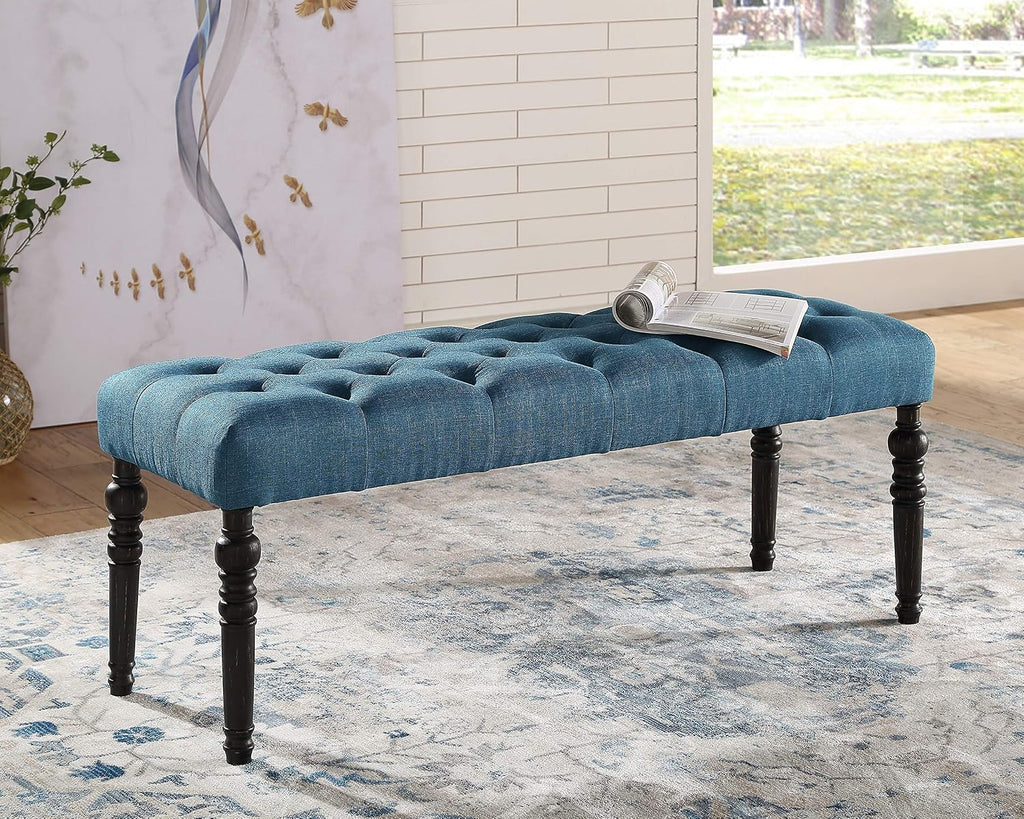 Roundhill Furniture Leviton Fabric Tufted Turned Leg Dining Bench, Blue
