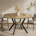 MECHYIN 42'' Round Dining Table for 2–4, Farmhouse Round Kitchen Table with Storage Shelf, Pedestal Dinner Table, Wood Top & Metal Base, Small Space Table for Apartment, Dining Room, Light Oak