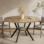 MECHYIN 42'' Round Dining Table for 2–4, Farmhouse Round Kitchen Table with Storage Shelf, Pedestal Dinner Table, Wood Top & Metal Base, Small Space Table for Apartment, Dining Room, Light Oak