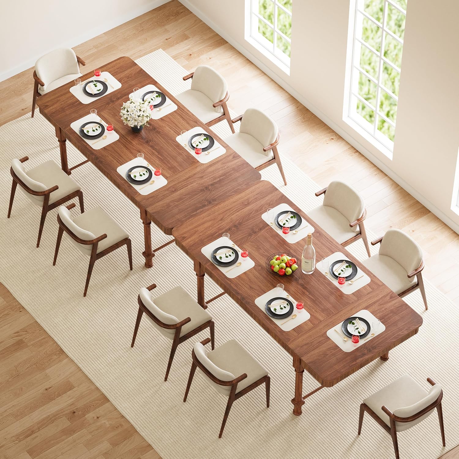 Fluted Dining Table for 6 to 10 People, 79'' Long Rustic Dinner Table with Drawers, Farmhouse Rectangular Wooden Tables for Kitchen, Dining Room, Living Room (Walnut)