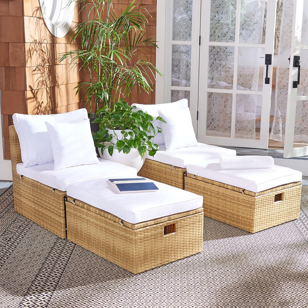 SAFAVIEH Outdoor - Pramla Settee and Ottoman Set - Natural & White - Steel Frame with Cushion - Coastal Storage Design - Ideal for Patio, Deck, Porch, Backyard (PAT7515D)