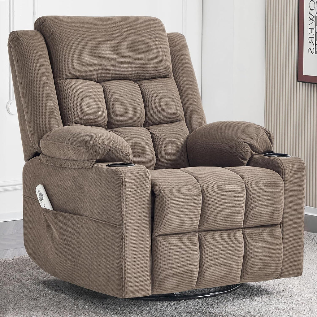 Ketaiyou Rocker Swivel Recliner Chair for Adults, Overstuffed Manual Recliner Glider with Massage and Heat, Comfy Soft Fabric Living Room Reclining Sofa Chair (Coffee2)