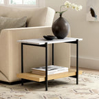 End Table with 2 Tier Wood Open Shelf, Rectangular Sofa Side Table with Metal Frame and Faux Marble, Bedside Nightstand for Bedroom Living Room Small Space, Natural Oak