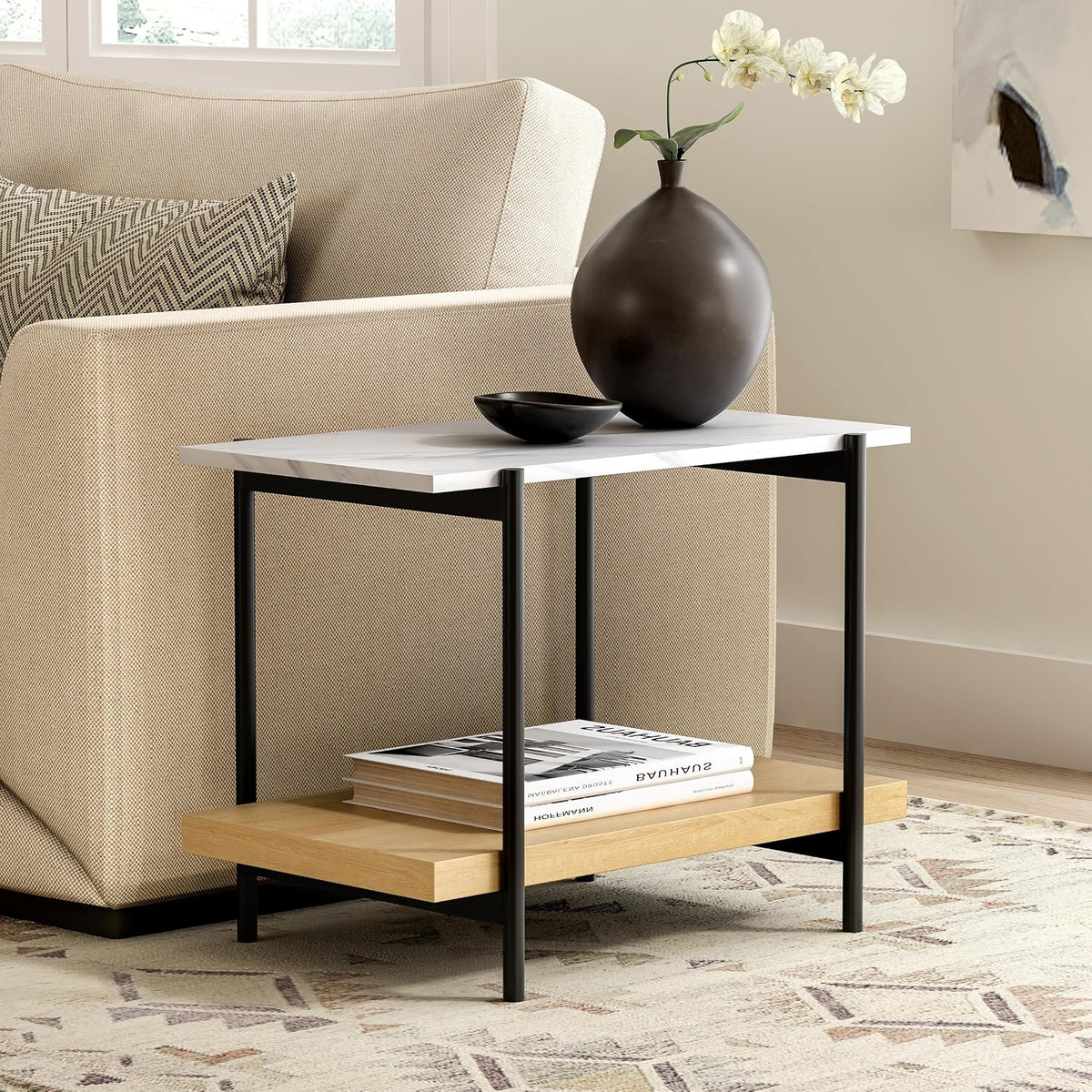 End Table with 2 Tier Wood Open Shelf, Rectangular Sofa Side Table with Metal Frame and Faux Marble, Bedside Nightstand for Bedroom Living Room Small Space, Natural Oak