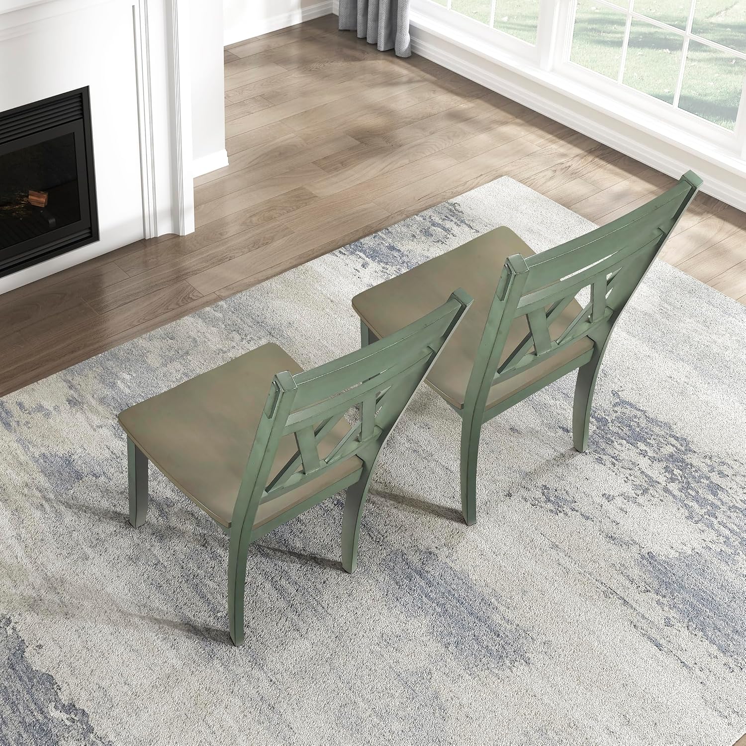Lexicon Wood Dining Chair, Set of 2, Greywash/Antique Teal | Double Cross Back, Rustic Armless Chairs, Kitchen and Dining Room Furniture, Two-Tone Finish