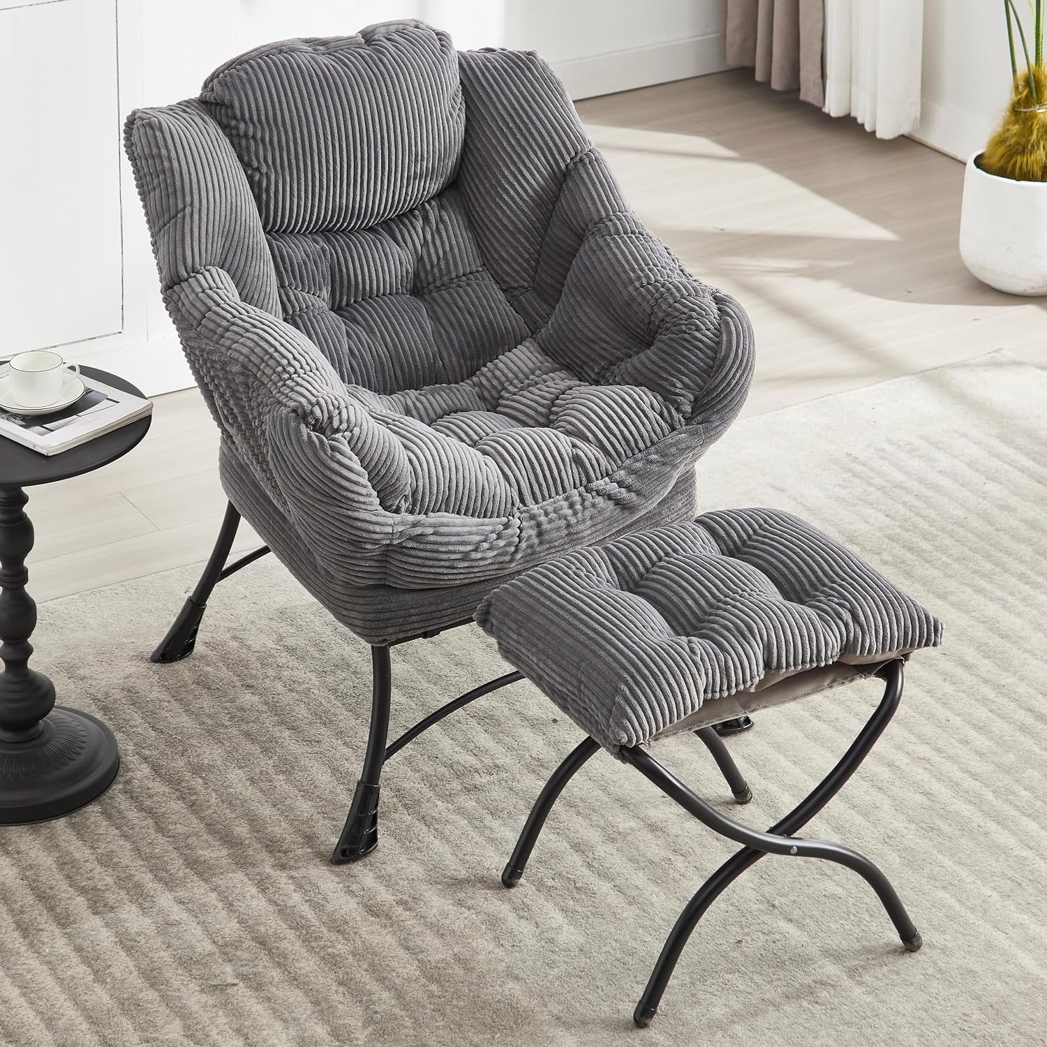 QQU Accent Chair wiht Ottoman for Bedroom (Grey) | Corduroy Reading Chair with Footrest, Comfy Lounge Armchair for Living Room, Reading Room