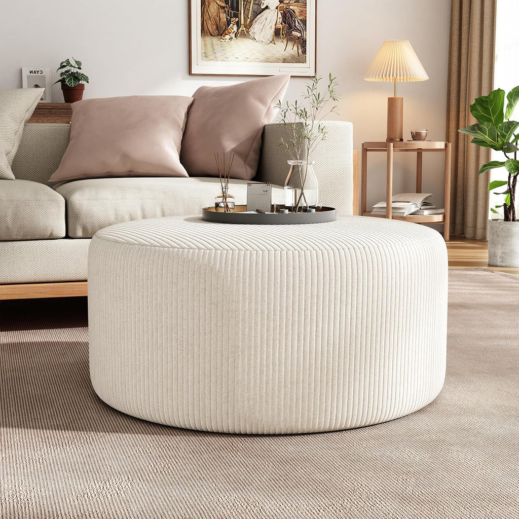 Merax 30.25" Modern Upholstered Round Corduroy Ottoman, Multifunctional Extra Seat, Side Table, Foot Rest, Stuffed Pouf Footstool for Living Room Bedroom, Beige